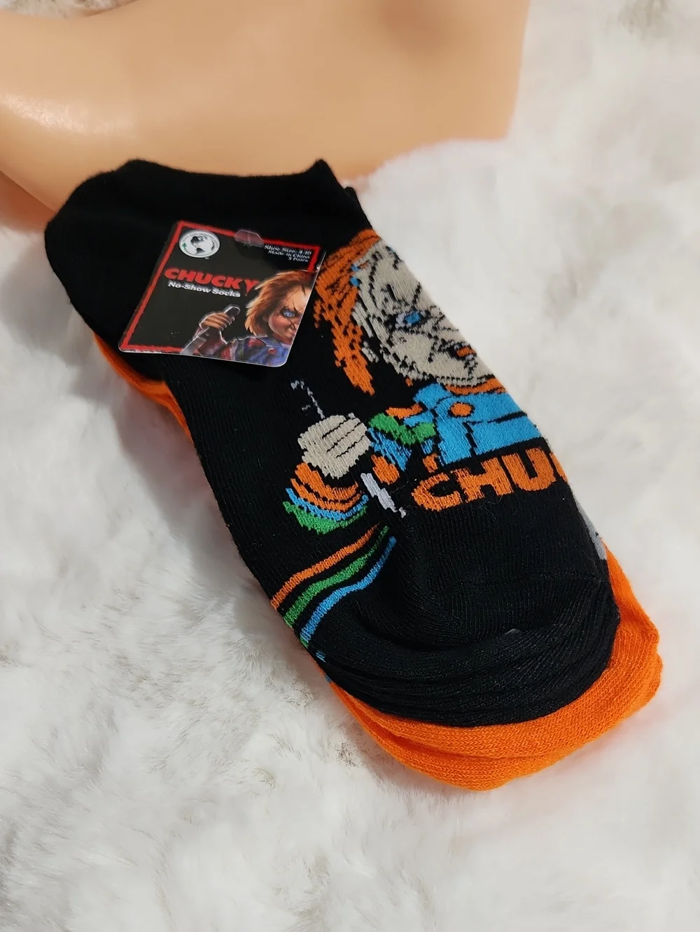Universal Chucky No-Show Socks in Black & Orange with Multicolor Graphic